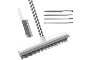 SWETHAW 2 in 1 Pet Hair Removal Rubber Broom with Squeegee, Carpet Brush with Adjustable Long Handle Outdoor Soft Push Broom for Pet Cat Dog Hair Removal Carpet Floor Cleaning
