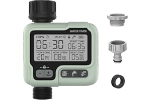 KONESKY Temporizador de aspersor de agua, temporizadores de grifo de manguera de jardín al aire libre, sistema de riego automático, temporizador de manguera de retardo/manual/bloqueo infantil, sistema de