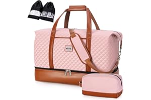 Lekesky Doppellagige Reisetasche Weekender Damen mit Schuhfach/ 50L / Groß Reisetasche Handgepäck Kliniktasche mit 1 Kulturtasche und 2 Schuhsäcken (Rosa Gesteppt)