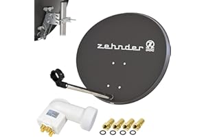 OPTICUM Zehnder 60cm Spiegel Schüssel Stahl + LogiSat Quad LNB | 4 Teilnehmer HD Digital SAT Anlage Set anthrazit | DVB-S/S2 Full HDTV 3D 4K Ultra HD UHD Empfang