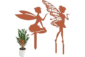 MARJORAMY Mágico Juego de 2 Hadas de Jardín en Metal Envejecido - Figuras con Alas para Macetas, Terraza y Balcón - Decoración Rústica en Estilo Óxido - Plantador Resistente a la Intemperie