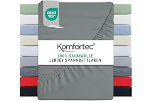 ‎KOMFORTEC Komfortec Spannbettlaken 140x200 Baumwolle Jersey Bettlaken, Oeko-Tex Zertifiziert für Boxspring, Topper, Rundumgummi für Perfekte Passform, Weich & Atmungsaktiv, Pflegeleicht & Formstabil, Grau