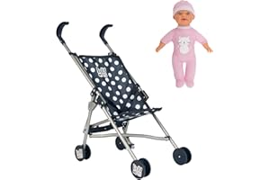 HTI Dolly Tots Poussette de poupée bleu marine avec poupée | Jouet pour poupée | Poussette pour bébé | Poussette de poupée pour enfant avec mécanisme de pliage de parapluie | Avec poupée assortie |
