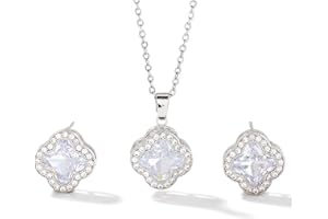 GKAOPI Jewellery Set for Women Clover Gold Plated Sterling Silver Necklace Stud Earrings Jewellery Set Settings Sparkling Cubic Zirconia Diamond Cut Crystal Jewelry Gift for Girls
