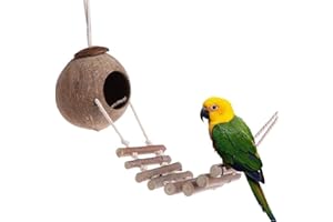 OTKARXUS Vogelnest aus natürlicher Kokosnussschale, 1 Stück Kokosnuss-Vogelhaus mit Holzleitern, langlebige Höhle, hängende Vogelschaukel für Haustiere, Papageien, Wellensittiche, Sittiche, Hamster