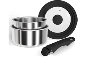 Abijan Set Casserole Inox 18/10, Casserole Tout Feux Poignée amovible, Batterie de Cuisine avec Couvercles, Compatible Tous Feux, Passe au Four et Lave-vaisselle, Design Empilable et Gain de Place