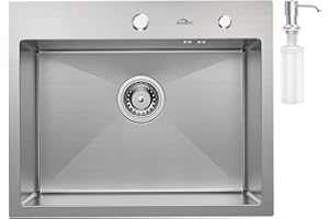 Auralum Lavelli Cucina 55 x 45 cm, Lavello Cucina 1 Vasca in Acciaio Inox con Dispenser Sapone y Set di Drenaggio, Lavandino con 2 Fori di Preforato, Installazione a Sopratop o Filotop