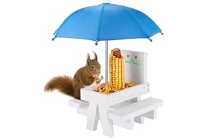 MIXXIDEA Eichhörnchen-Futtertisch mit Schirm, Eichhörnchen-Picknicktisch aus Holz, Maiskolbenhalter, mit Solider Struktur und 2 x dicken Bänken (blau)