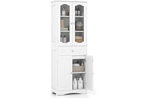 COSTWAY Armario Alto, Mueble Columna de Baño Independiente con 4 Puertas, Gabinete con 5 Estantes y 1 Cajón de Almacenamiento, Armario de Suelo para Cocina o Sala de Estar, Comedor, Oficina (Blanco)