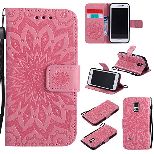 Lonchee Samsung Galaxy S5Mini G800 SM-G800 Leder Wallet Tasche Brieftasche Schutzhülle , Sonnenblumen geprägten Muster Design Hochwertige PU Leder Folio Tasche Case Hülle im Bookstyle mit Standfunktion Kredit Kartenfächer (rosa)