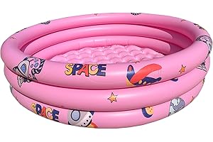 IRUNFAST Paddling Pools for Kids, 130CM Round Inflatable Kids Swimming Pool, 3 Ring Paddling Pool with Inflatable Safety Bubble Floor, Space theme Swimming Pool for Kid Gardens Backyard Indoor (Pink)