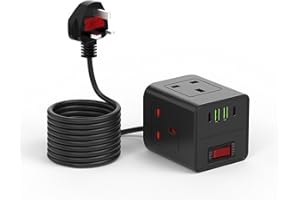 DYNACAM Extension Lead with 4 USB Slots and Switch, 3 Way Multi Plug Extension Cable with 2 USB-A and 2 USB-C, UK Desktop Power Extension Cord with Multi Socket, 2M Extension Cable for Home Office Travel