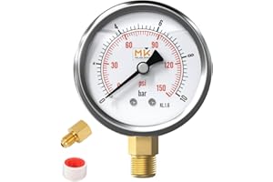 MK MEASURING – Glyzerin-Manometer 0–10 bar, Anschluss 1/4 NPT, Edelstahlgehäuse mit Teflon und Adapter 1/4 NPT auf 1/4 BSP, Kompressionstester, Luft-, Reifen-, Wasser-, Gas- und Benzindruck