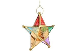 TYENAZA Wiszące ozdoby z latarnią w kształcie gwiazdy, marokański styl żelazny kolorowe okulary latarnia ogród na zewnątrz taras ozdoba świecznik(Golden)