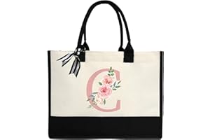 FORYEE Initial Canvas Beach Tote Bag Personalized Present Bag for Women Beach Bag with Waterproof Lining Inside for Wedding, Birthday, Holiday, Teacher