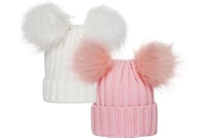 TYXHXTF 2 Pcs Sombrero de Invierno para Bebé, Gorro de Punto con Pompon para 0-3 Años Niño Niña (Blanco+Rosa)