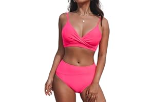 CUPSHE Damskie zestawy bikini dwuczęściowy strój kąpielowy z wysokim stanem dekolt w serek skręcony przód regulowane ramiączka spaghetti strój kąpielowy