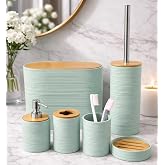 6 Par&ccedil;a Banyo Seti, Bambu Detaylı, 8L &Ccedil;&ouml;p Kovası 24x26x16 cm (Su Yeşili)