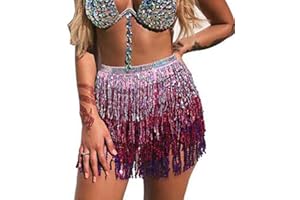 Flovel Gonna con Nappe con Paillettes Danza del Ventre Sciarpa all'anca Costume da Rave Gonna con Frange Abito da Rave per Donne e Ragazze