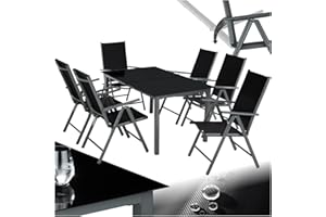 TecTake® Set Mobili da Giardino in Alluminio, 6 Sedie Pieghevoli e Reclinabili, Tavolo 150x90 cm con Piano in Vetro di Sicurezza, Set Mobili da Esterno, Design Elegante – Grigio Scuro