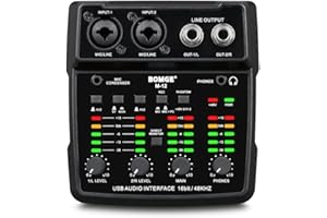 BOMGE Interfaccia audio USB M12, mixer a 2 canali, ingresso XLR/3,5 mm, alimentatore 48 V, scheda audio per registrazione PC, studio, spettacolo dal vivo, karaoke, plug & play