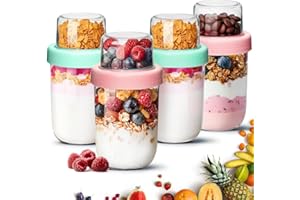 ComSaf Overnight Oats Jar with Lids 480+120mL, 4 Pack Glass Overnight Oats Container, Dual-Layer Yoghurt Pots for Dry-Wet Separation, Breakfast Pots for Yogurt Cereal Fruit, Glass Mason Jars for Salad