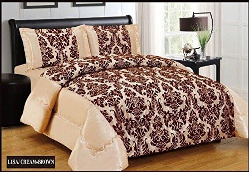 New Damask Luxury Super Soft 3pc Flock Quilted Bedspread Comforter Bed - Cream Chocolate (King Bed (240cm X 260cm))