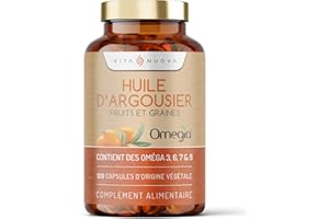 VITA NUOVA Huile d’argousier – 120 Capsules – Omega 3, 6, 7, 9 – Fabriqué avec Omegia® – Oméga-3 Végétalien - Sans Additifs (120 Capsules - Bouteille)