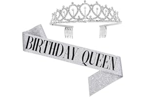 REYOK Kit diadema compleanno regina fascia e strass argento - corona di cristallo con fascia compleanno regina per le donne Forniture per feste di compleanno regali (lettera nera/fascia in lamina d'argent