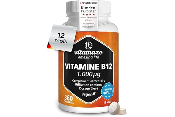 Vitamine B12 Méthylcobalamine 1000mcg - 360 Micro-Comprimés Sublinguale pour 1 AN - Réduit la Fatigue & Soutient le Système Nerveux - Vegan à Fort Dosage - Qualité Allemande, sans Additifs Inutiles