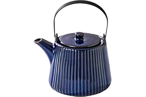 Yundu théière en céramique bleu profond, 1000ml/33.8oz, assez pour 4 tasses, théière avec infuseur pour thé en vrac, théière rayée avec infuseur amovible