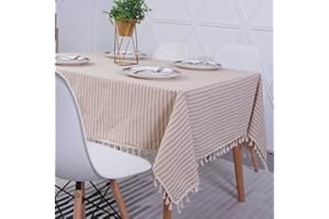 Novetec Tovaglia Rettangolare Effetto Lino Strisce Tovaglia con Nappe Tovaglie Antimacchia Lavabili di Facile Manutenzione per Interni Esterni Giardino, Sala da Pranzo, Feste e Celebrazioni 140x200cm