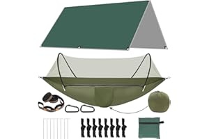 STEEIRO Camping Hammock with Mosquito Netand Tarp, Heavy Duty Tree Strap Portable Lightweight Double Parachute Hammocks Tent Waterproof Rainfly Set for Camping Backpacking Outdoor Hiking Travel Patio