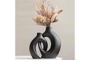 VIVIDFLOW Hollow White Ceramic Vase Set of 2, Decorative Flower Vase for Pampas Grass, Nordic Modern Boho ins Style Donut Vase for Flowers, Home Living Room, Aesthetic Flower Vase for Farmhoue (Black)