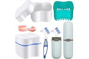 Hioph Kit d'étui pour prothèses dentaires, 2 tasses de bain pour prothèses, 2 brosses de nettoyage pour prothèses dentaires, 2 boîtes de brosse à dents portables, panier de retenue pour prothèses