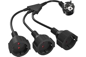 HITRENDS Rallonge d'alimentation avec 2 Prises Schuko, 1 à 3 Câble d'Extensiont en Plastique Court, Triple Connecteur IP20 pour à la Maison, Bureau, Zone Extérieure, 3 x 1,5 mm², Jusqu'à 250 V / 16A, Noir