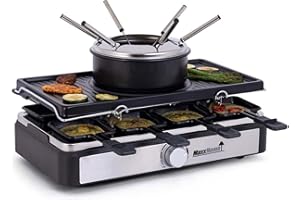 MaxxHome - Raclette, Fondue, elektrischer Tischgrill, 1400 W, für 8 Personen, 8 Pfännchen, abnehmbarer Grill mit Fonduegerät und Steinplatte, 8 Holzständer, schwarz