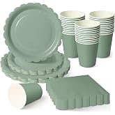 120 Pieces Sage Green Disposable Birthday Tableware for 30 Guests | 18 and 23 cm corrugated cardboard plates, paper cups, nap