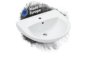 aquaSu® Basic 55 cm Waschbecken 770, Waschtisch mit Überlauf und Hahnloch, Hänge-Waschbecken Made in EU, Waschtisch wandhängend, 55 x 45,5 cm, Sanitärkeramik weiß, 567770