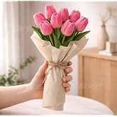 Divyakosh Artificial Pink Tulip Flower with 5 Tulips (Vase not Included) – Realistic Decorative Flowers for Home Décor,Living