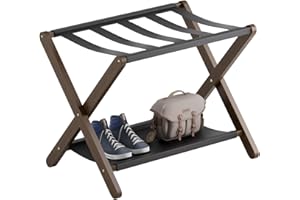 vovala Luggage Rack, Folding Suitcase Stand with Storage Shelf, Premium Bamboo Luggage Holder for Guest Room, Bedroom, Hotel, Closet, Holds up to 61 kg (Walnut)