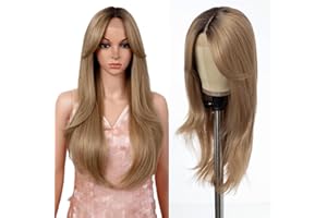 Style Icon Peruka z koronką, 66 cm, warstwowe peruki z grzywką, styl kurtyny do drzwi, super długie peruki, syntetyczna peruka 5 cali środkowa część (66 cm, RT6/23C)