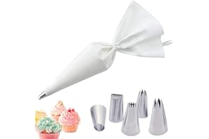 PEUTPY Sac à poche, Set di 5 beccucci per Pasticceria, Tasca da Pasticceria Riutilizzabili,Beccucci in Acciaio Inox Kit Fai da Te per Decorazione di Torteper Decorazione Torte, Torte, Biscotti,Bianco