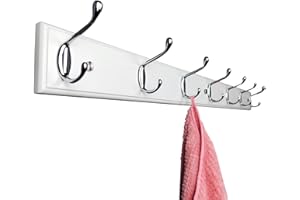 lomejii Largo Perchero de pared de madera con 7 ganchos, 90 cm, blanco, resistente perchero plateado para ropa, sombreros, bolsos, percheros grande y moderno de madera para entrada, pasillo