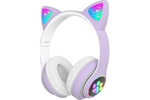 Woukksy Słuchawki Bluetooth dla dzieci, składane słuchawki dla dziewcząt, bezprzewodowe słuchawki dziecięce z oświetleniem LED, kocie uszy i mikrofonem, do szkoły, tabletu, telefonu komórkowego,