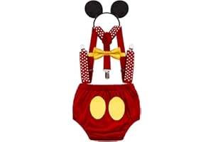 FMYFWY Costume da Topolino, Neonato Bambino 1 ° Compleanno Outfits per Festa Fotografia Carnevale Halloween Cosplay, Pantaloncini + Bretelle + Papillon + Fascia per Topolino, 4 Pezzi