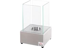 HOMCOM Camino a Bioetanolo da Tavolo con Bruciatore da 0.4L, Biocamino in Acciaio e Vetro per Interni ed Esterni, 20x20x33cm, Argento
