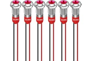 GUUZI 8mm Indicatore LED 12-24V Indicatore Luminoso Impermeabile Pannello in Metallo Indicatore LED Indicatore Luminoso Montaggio a Pannello Testa Piatta con Fili Guscio Argento (Rosso, 6 Pezzi)