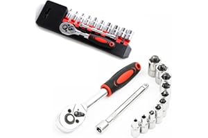LSLANSOON 1/4” Ratchet Socket Wrench Set, Mechanic Tool Kit and Sockets Set with Quick Release Reversible Ratchet Handle and Extension Bar, 12 Pcs Set