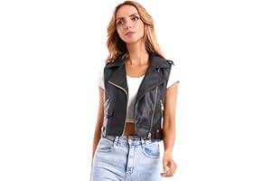 DIASHINY Kurze Kunstlederweste für Damen Slim Revers Ärmellos Biker Slim Fit PU Ärmellose Lederjacke Motorradweste